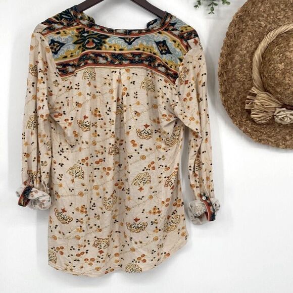Anthropologie Tiny Boho Devas Sequin Top Printed Casual Roll-Cuff Multi S - Picture 10 of 16